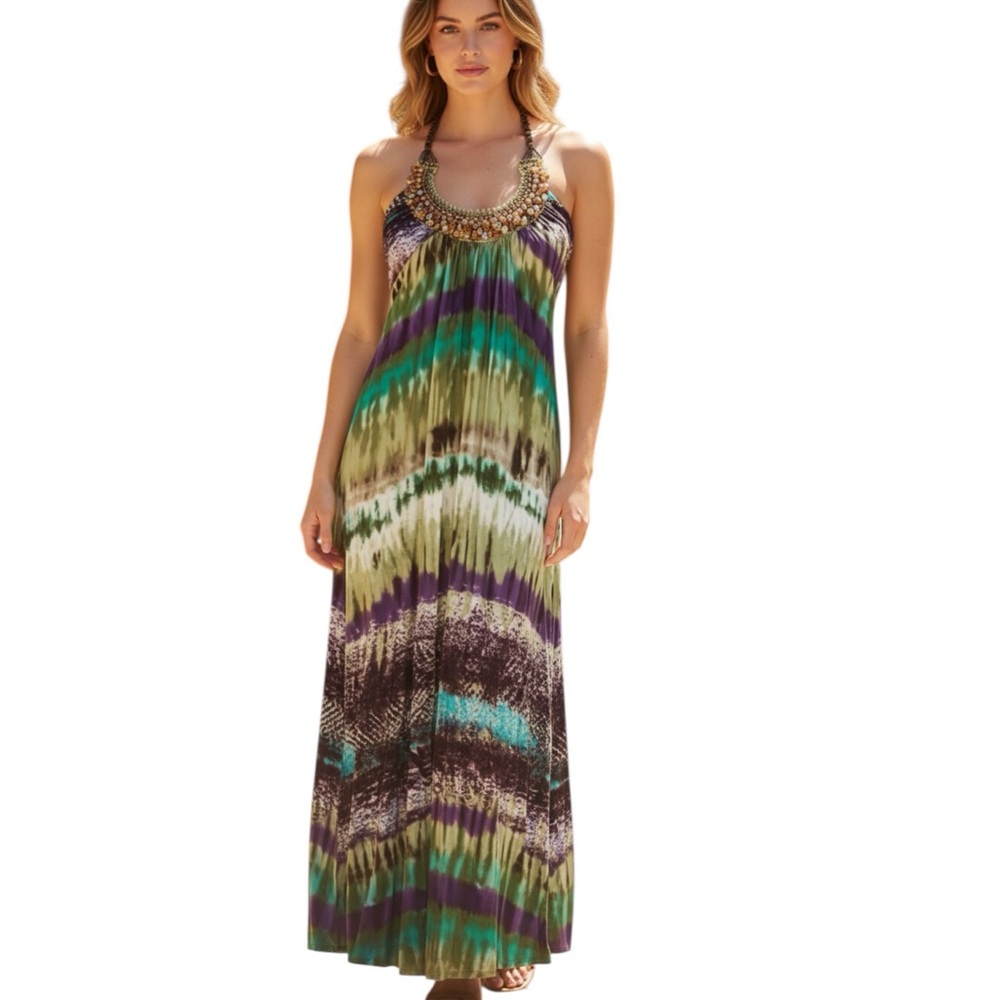 Voila Women's Multicolor Tie-Dye Halter Maxi Dress Beaded Neckline Size Medium​​